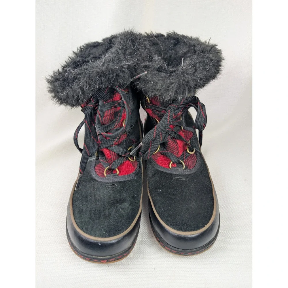 Sorel Tivoli III Waterproof Winter Boots 7.5 Black Red Buffalo Plaid Faux‎ Fur